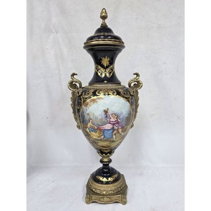 Large Sevres Style Porcelain Covered Urn w/ Brass 