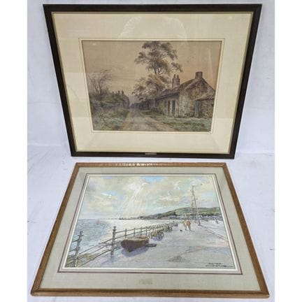 Lot of 2 Signed Antique Paintings Watercolor on Pa