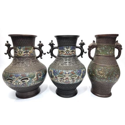 Lot of 3 Antique Chinese or Japanese Champleve Vas