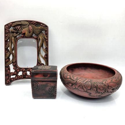 Lot of 3 Chinese Red Lacquer Items Including a Bow