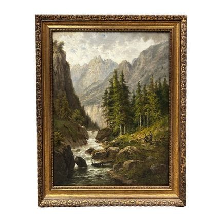 Antique Signed Painting Oil on Canvas "Two Men Hik