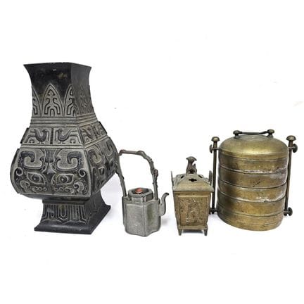 Lot of 4 Antique Chinese Metal Items Including a L