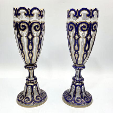 Pair of Antique Bohemian Blue & Gold Overlay Glass