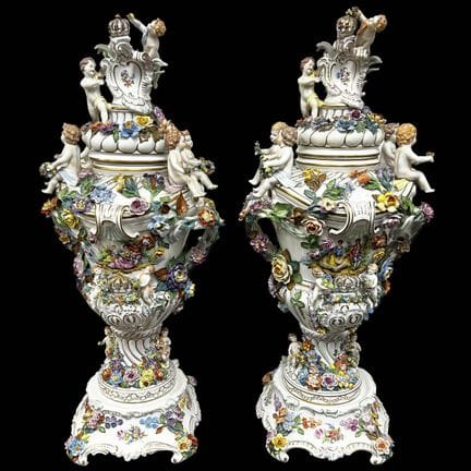 Antique Pair of Massive Dresden Porcelain Lidded U