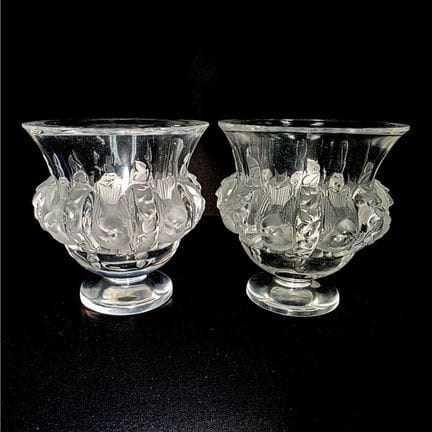 2 Vintage Lalique France "Dampierre" Art Glass Vas
