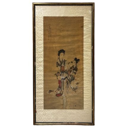Antique Chinese Silk Painting Depicting a Mother &