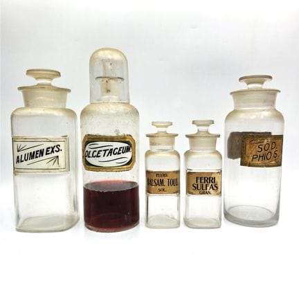 Lot of 5 Antique Glass Apothecary Jars w/ Original