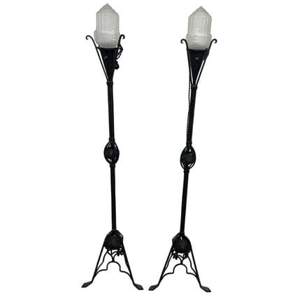 Pair of Antique Art Deco Wrought Iron Floor Lamps 