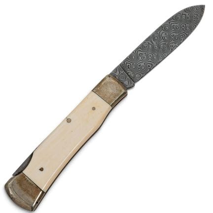 Carved Bone Damascus Blade Pocket Knife Mid-Late 2