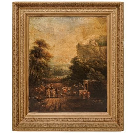 19世纪欧洲古村落风景油画（木板画），艺术家/设计师/制造商：不详。  标记：无。 材质：木板油画；