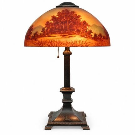 Arts & Crafts Era Painted Glass Landscape Table La