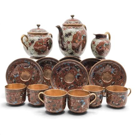 Antikes japanisches Cloisonné- und Messing-Teeserv