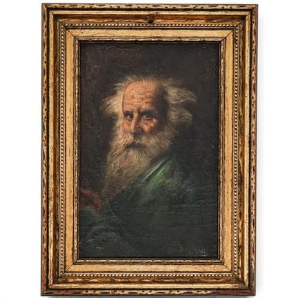 一幅古董签名肖像画，描绘一位年长男子，木板油画，19世纪晚期，可能出自意大利。艺术家/设计师/制造商