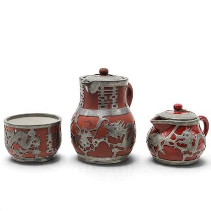 (3pc) Chinese Qing Yixing Clay & Metal Overlay Tea