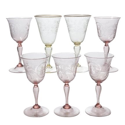 (7 pc)Vintage Colored Etched Wine Glasses 20th Cen