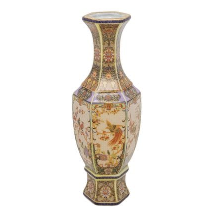 Vintage Chinese Phoenix Porcelain Hexagonal Vase M