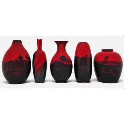 (5 pc) Royal Doulton Flambe Glazed Art Pottery Vas