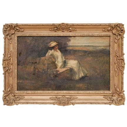 署名欧洲画派《乡村风景中的女子》油画，19世纪，欧洲艺术家/设计师/制造商：不详  标记；备注：左下