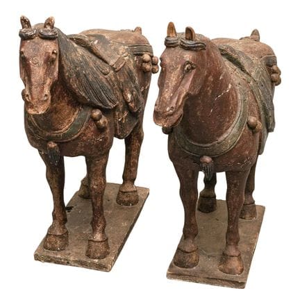 Pair Tang Dynasty Style Carved Wood Horses 19th Ce