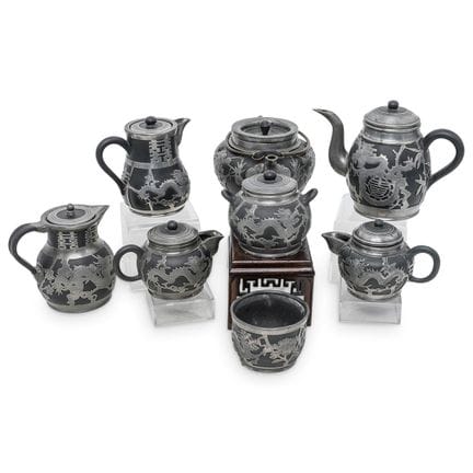 (8 pcs) Chinese Hor-Chung Weihaiwei Pewter & Stone