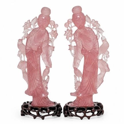 Paar chinesischer Guan-Yin-Figuren aus Rosenquarz,