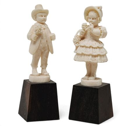 (2 pc) Antique Miniature Carved Bone Girl & Boy Sc