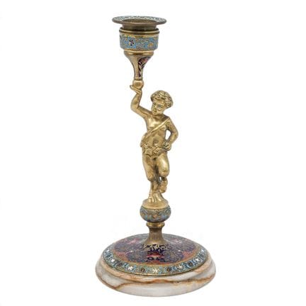 French Gilt Bronze Champlevé Enamel Faun Candlesti