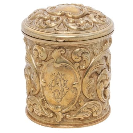 Antique Brass Repousse Lidded Vanity Jar Late 19th