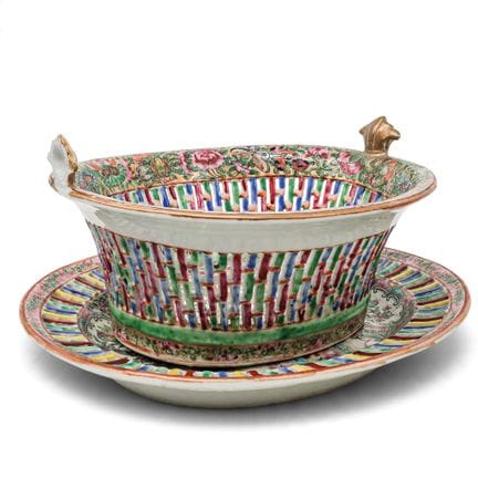 Antique Chinese Rose Medallion Reticulated Bowl & 