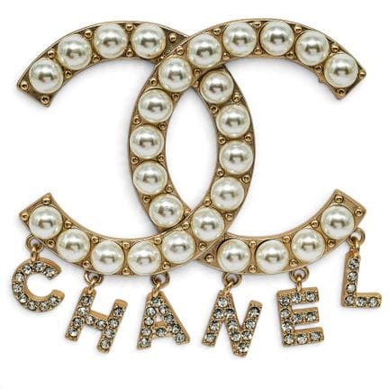 Chanel Modeschmuck-Brosche mit Perlen und goldfarb
