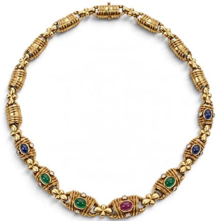 Collier en or jaune 18 carats avec rubis, émeraude