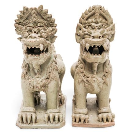 Pair Thai Singha Guardian Lion Ceramic Statues Mid