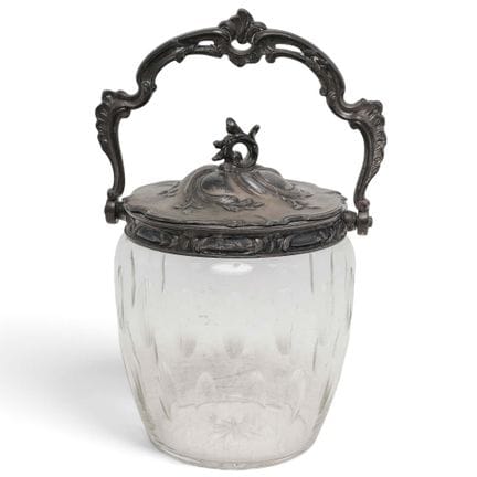 Antique French Pewter & Cut Crystal Biscuit Jar La