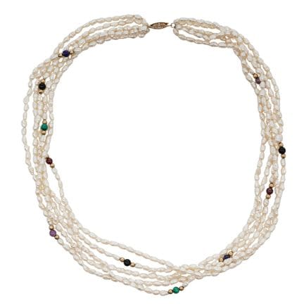Collana a più fili in oro 14 carati con perle e pe