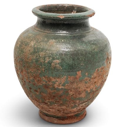 Vaso antico in terracotta smaltata verde di Giava,