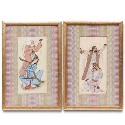 Paire de portraits de couples persans, gouache sur
