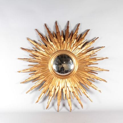 Grand miroir soleil en bois doré à glace convexe –