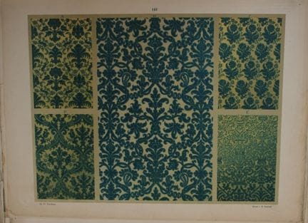 菲施巴赫——《纺织品纹样设计》（1884年）。

这幅彩色石版画选自瑞士圣加仑工业艺术学校校长弗雷德