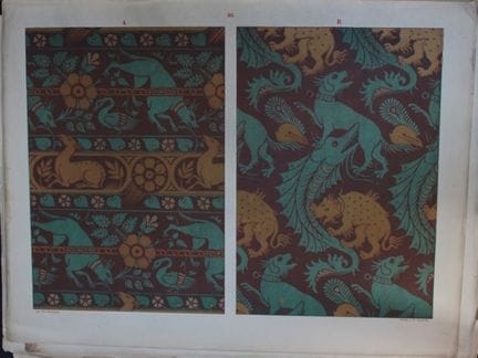 菲施巴赫——《纺织品纹样设计》（1884年）。

这幅彩色石版画选自瑞士圣加仑工业艺术学校校长弗雷德