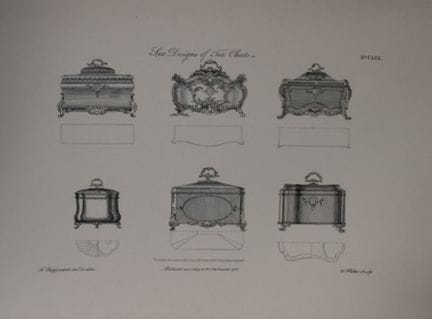 Thomas Chippendale – Originalstich von Teekisten, 