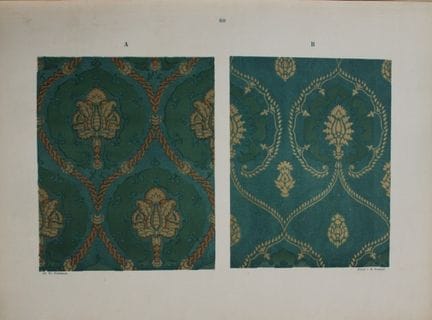 菲施巴赫——《纺织品纹样设计》（1884年）。

这幅彩色石版画选自瑞士圣加仑工业艺术学校校长弗雷德