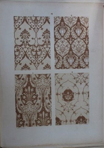 菲施巴赫——《纺织品纹样设计》（1884年）。

这幅彩色石版画选自瑞士圣加仑工业艺术学校校长弗雷德
