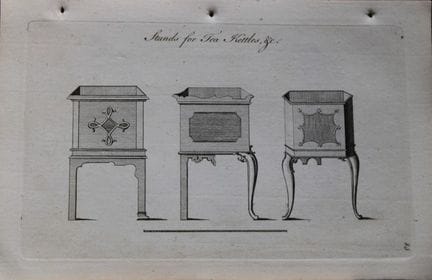 软垫工协会——1765年茶具与茶壶展示架。

这幅珍贵的铜版画出自《雅致家居家具：符合当下审美，并增