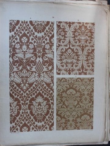 菲施巴赫——《纺织品纹样设计》（1884年）。

这幅彩色石版画选自瑞士圣加仑工业艺术学校校长弗雷德