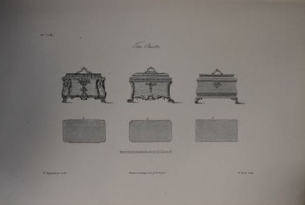 Thomas Chippendale – Originalstich von Teekisten, 