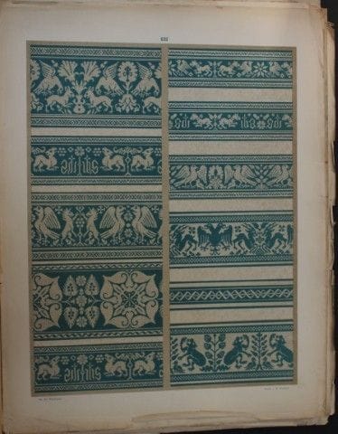 菲施巴赫——《纺织品纹样设计》（1884年）。

这幅彩色石版画选自瑞士圣加仑工业艺术学校校长弗雷德