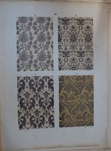 菲施巴赫——《纺织品纹样设计》（1884年）。

这幅彩色石版画选自瑞士圣加仑工业艺术学校校长弗雷德
