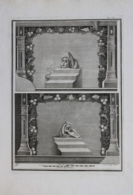 乔瓦尼·莫尔根——《赫库兰尼姆古迹》铜版画，1752年。

这幅描绘古罗马壁画的原始古铜版画，出自乔