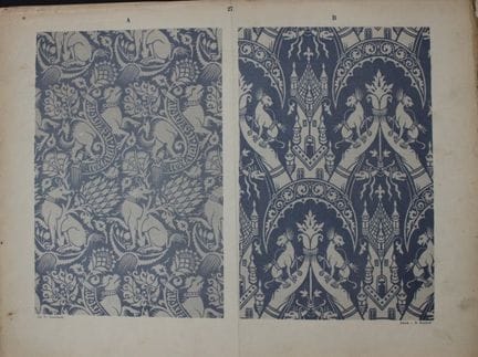 菲施巴赫——《纺织品纹样设计》（1884年）。

这幅彩色石版画选自瑞士圣加仑工业艺术学校校长弗雷德