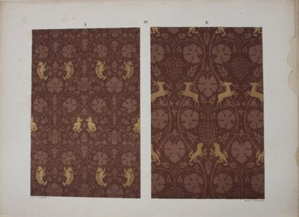 菲施巴赫——《纺织品纹样设计》（1884年）。

这幅彩色石版画选自瑞士圣加仑工业艺术学校校长弗雷德